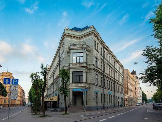 Historic corner building on a quiet street in Riga, Latvia