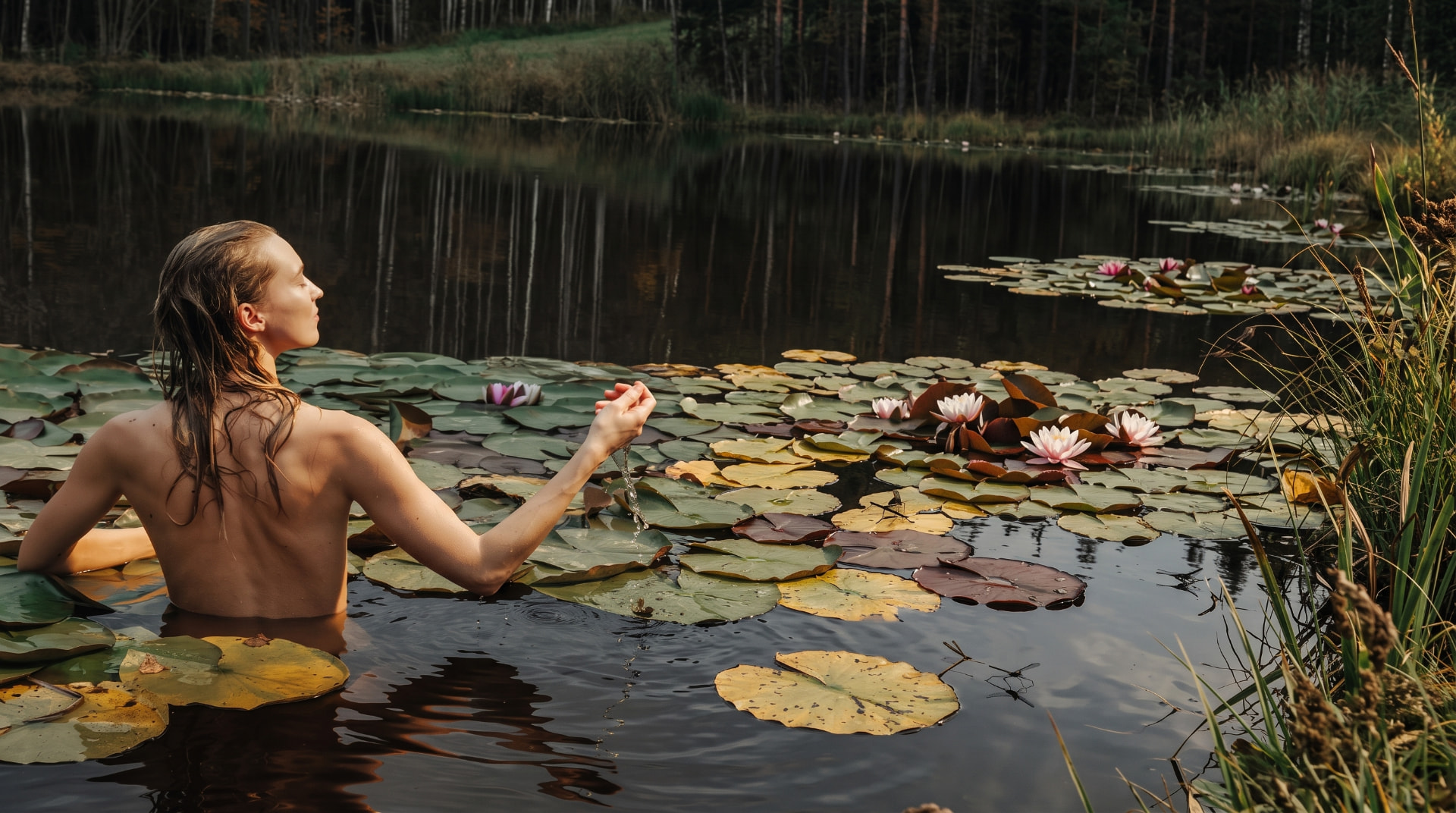 Woman bathing in a Nordic lake among water lilies
