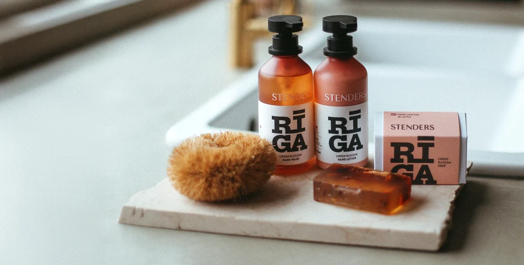 STENDERS Riga Original hand wash and lotion arranged on a stone tray by a sink