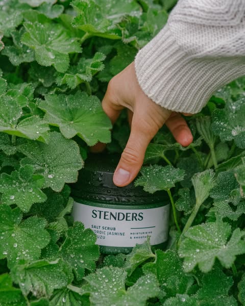 STENDERS Nordic Jasmine & Yuzu salt scrub among dewy leaves