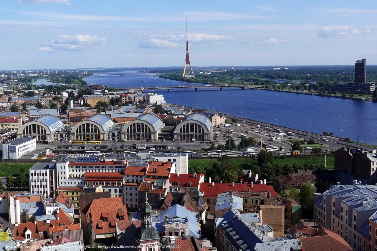 Aerial view of Riga with the central market halls and the Daugava river